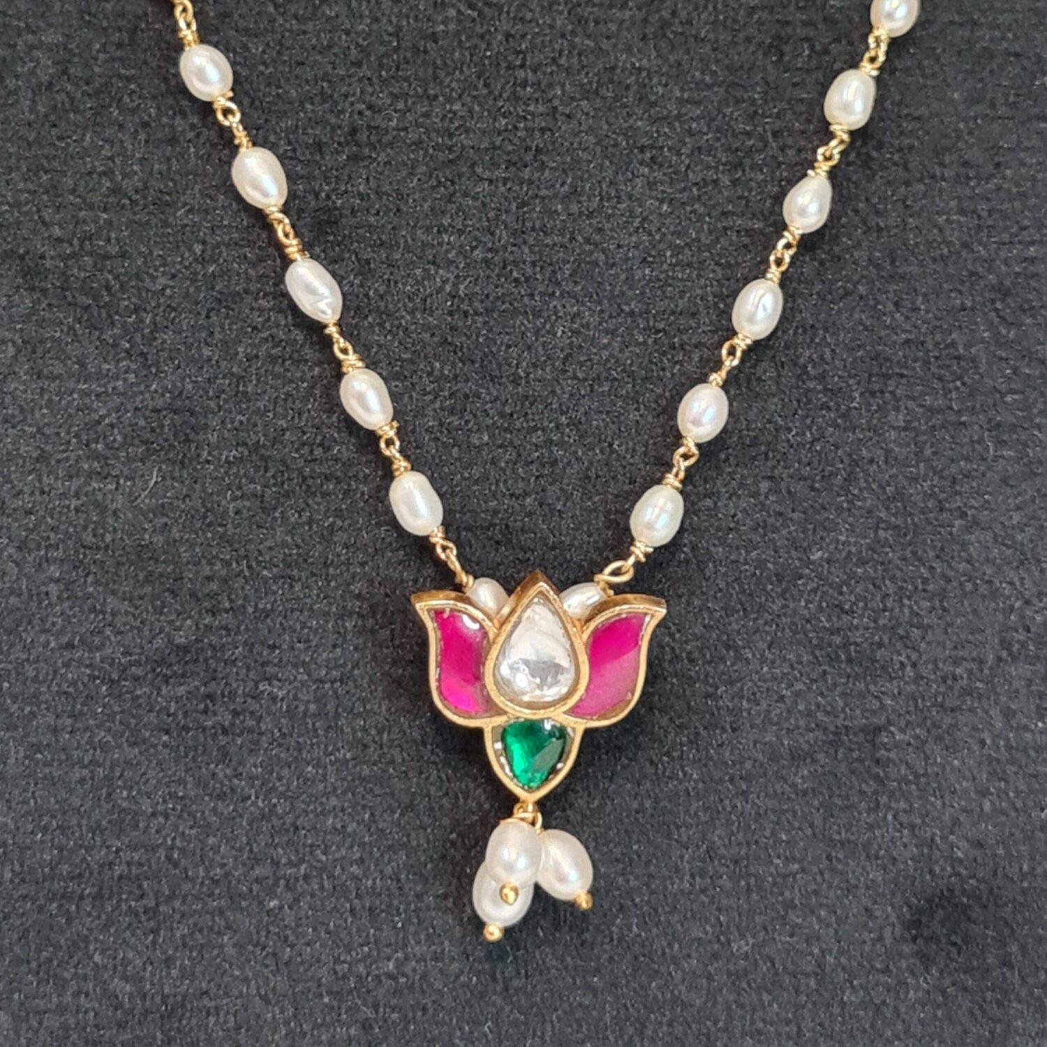 Simple 19Inch Necklace With 3mm White Oval Pearls & Kemp Lotus Pendant - Image 2