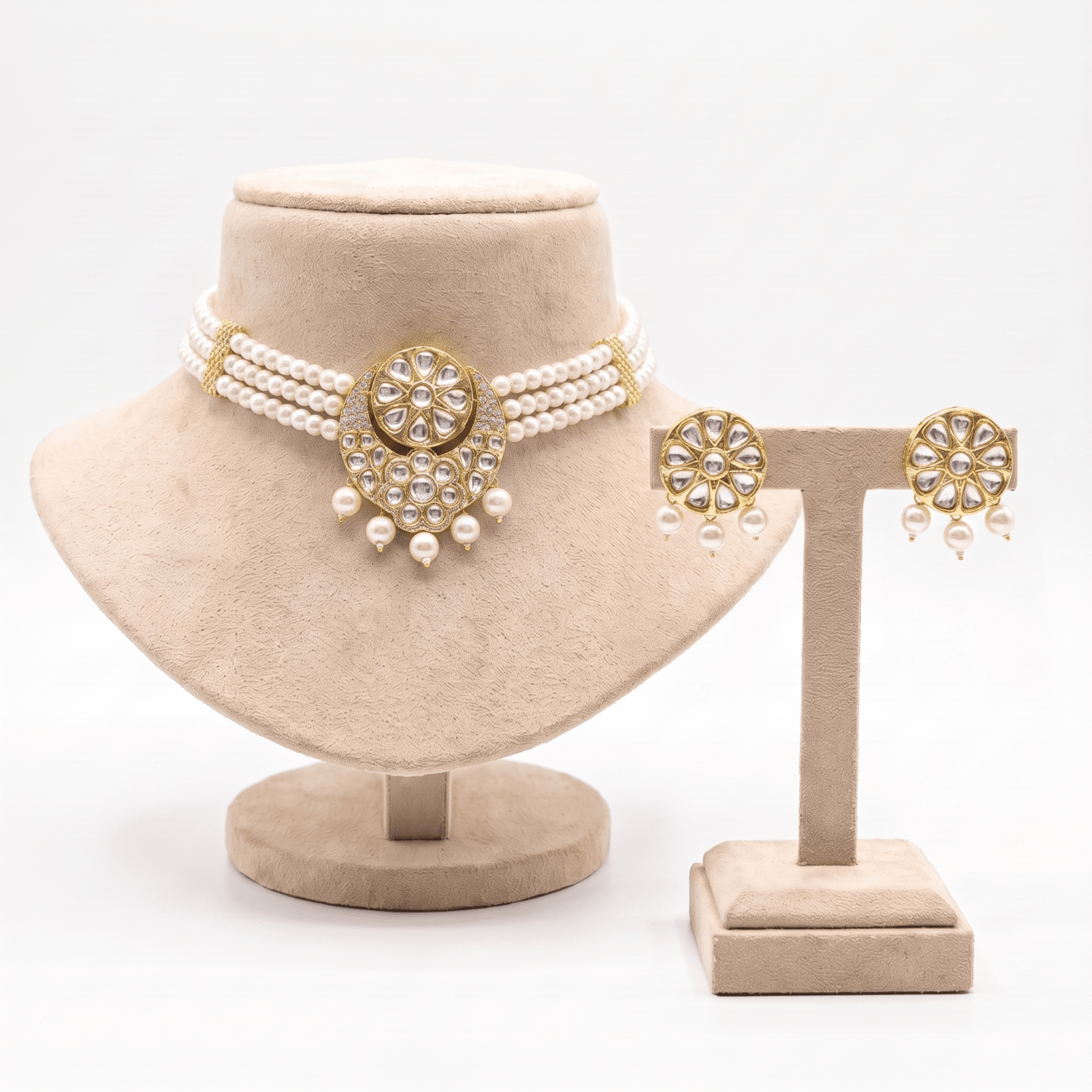 Alluring Three Line White Semi-Round Pearls Choker With Polki Pendant