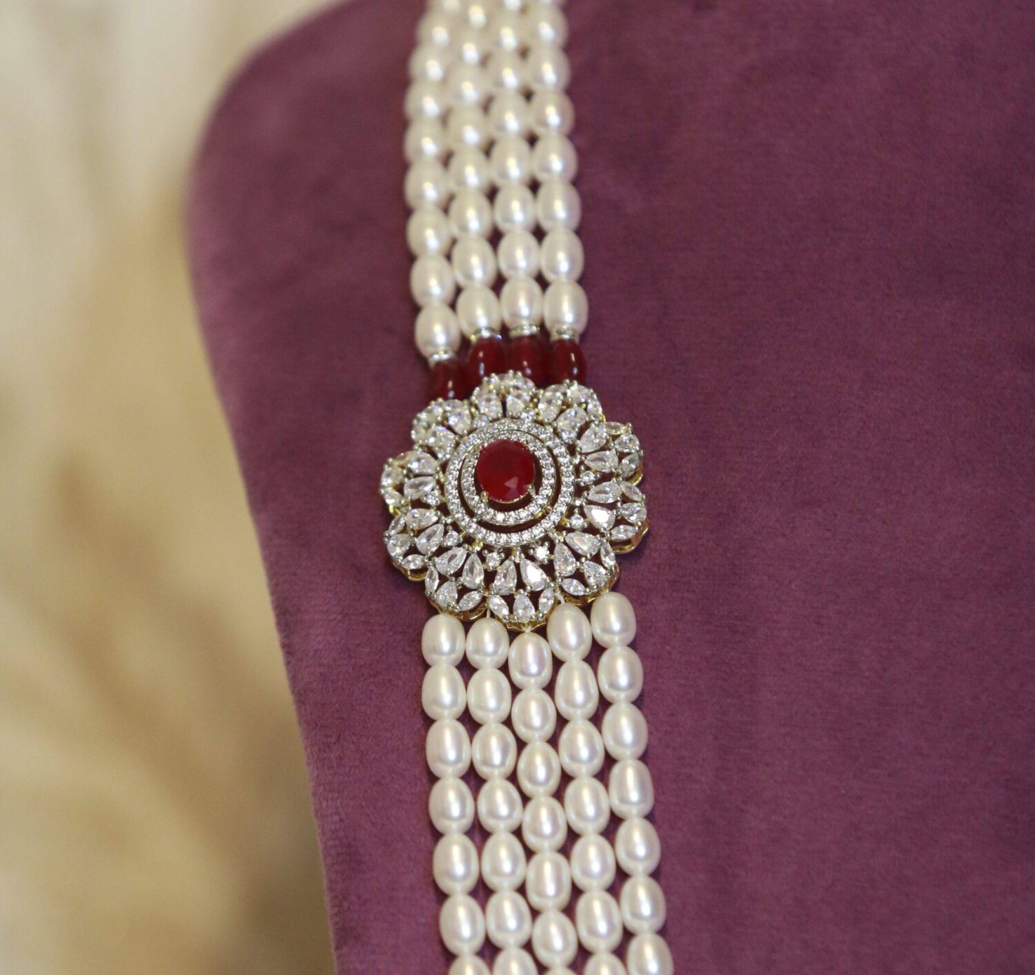 Royal White Oval Pearls Haar With CZ & SP Ruby Side Pendants - Image 3