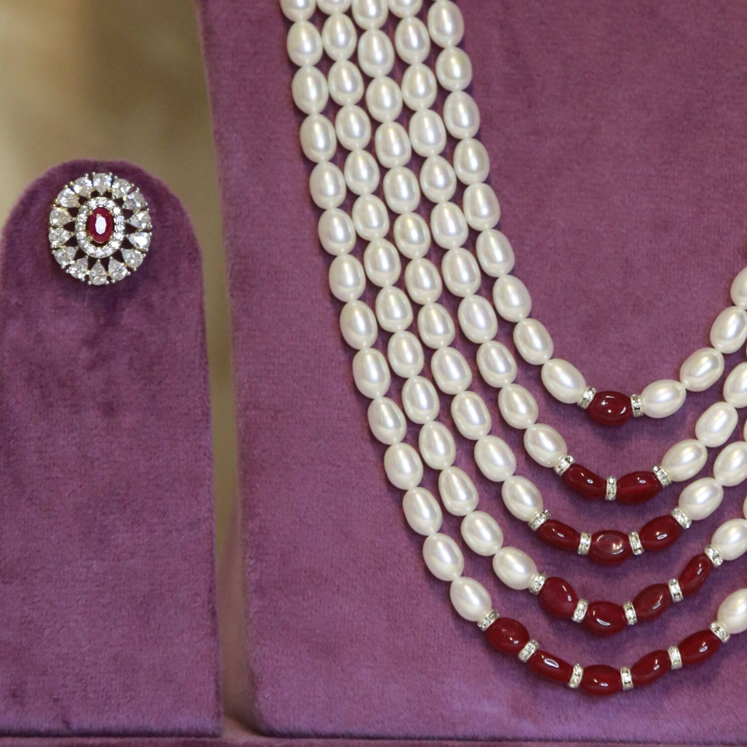 Royal White Oval Pearls Haar With CZ & SP Ruby Side Pendants - Image 2