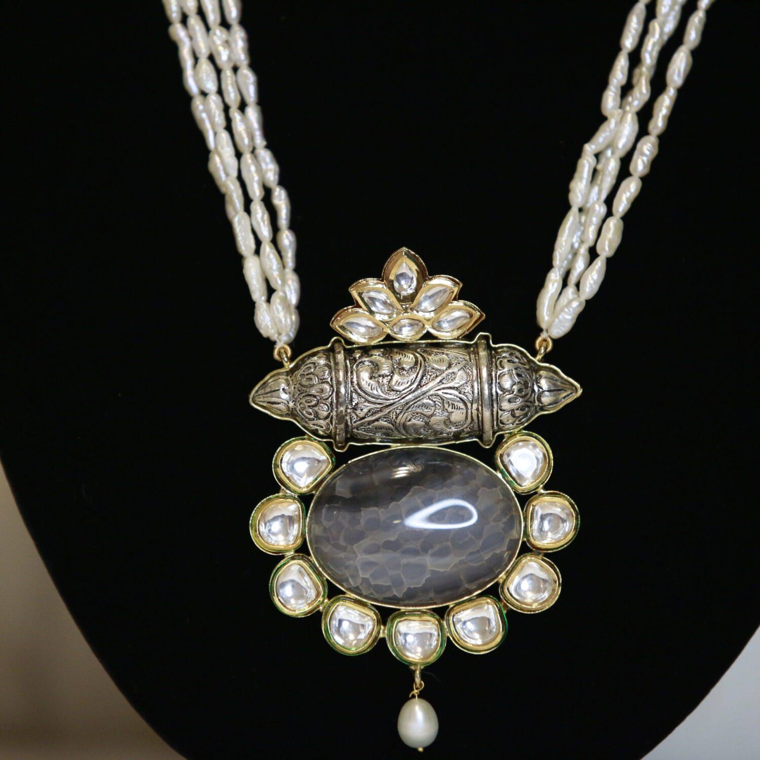 Glamorous Multi-Strand Thin Baroque Pearl Necklace Set With Fusion Kundan Pendant - Image 2