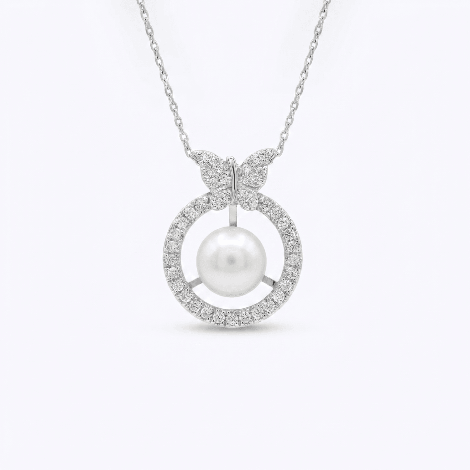 Enchanting Silver Finish Butterfly Pendant With 10mm White Button Pearl