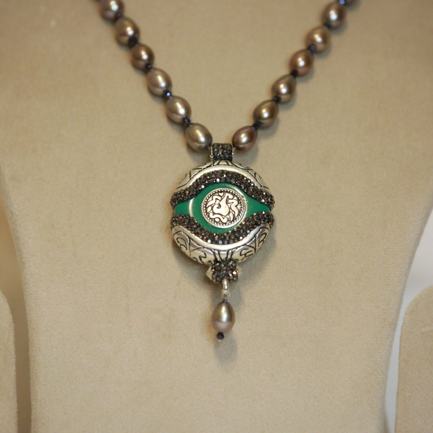 Captivating Light Brown Oval Pearls 19Inch Long Necklace With Vintage Pendant - Image 2