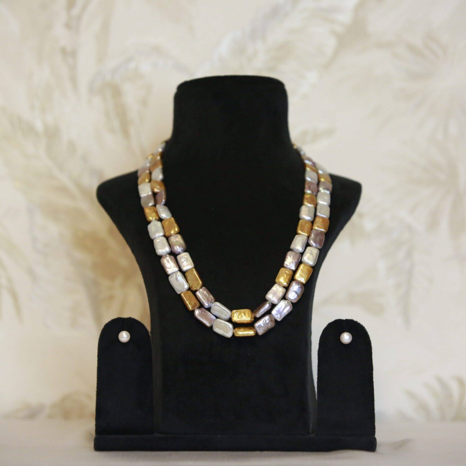 Exclusive Silver, Gold & Green Flat Baroque Pearl 21Inch 2Line Necklace - Image 2
