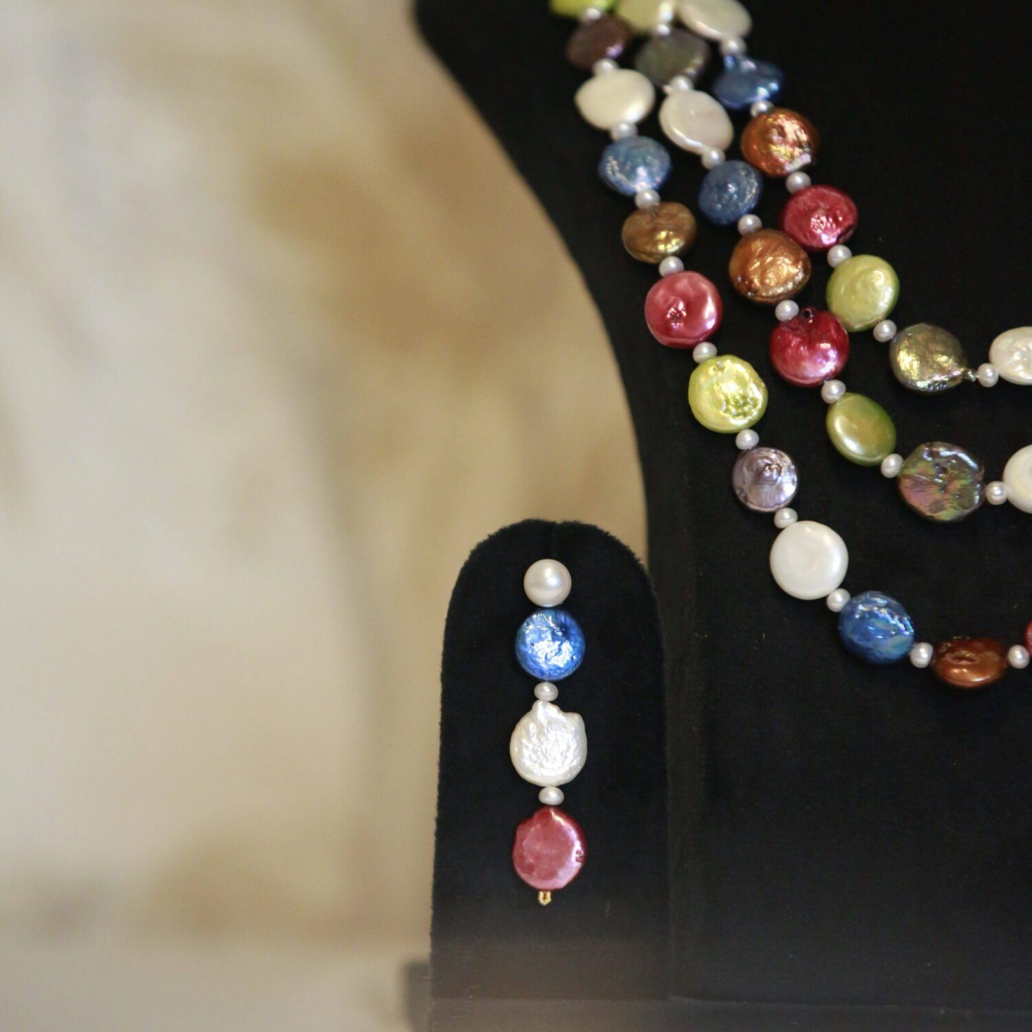 Vibrant 3Row Multicolor Coin Pearl 21 Inch Long Necklace With Seed Pearls - Image 2