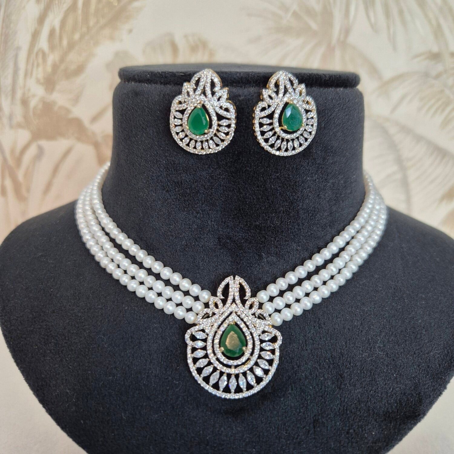 Designer 3-line White Round Pearls Necklace With CZ & SP Emerald Pendant - Image 3