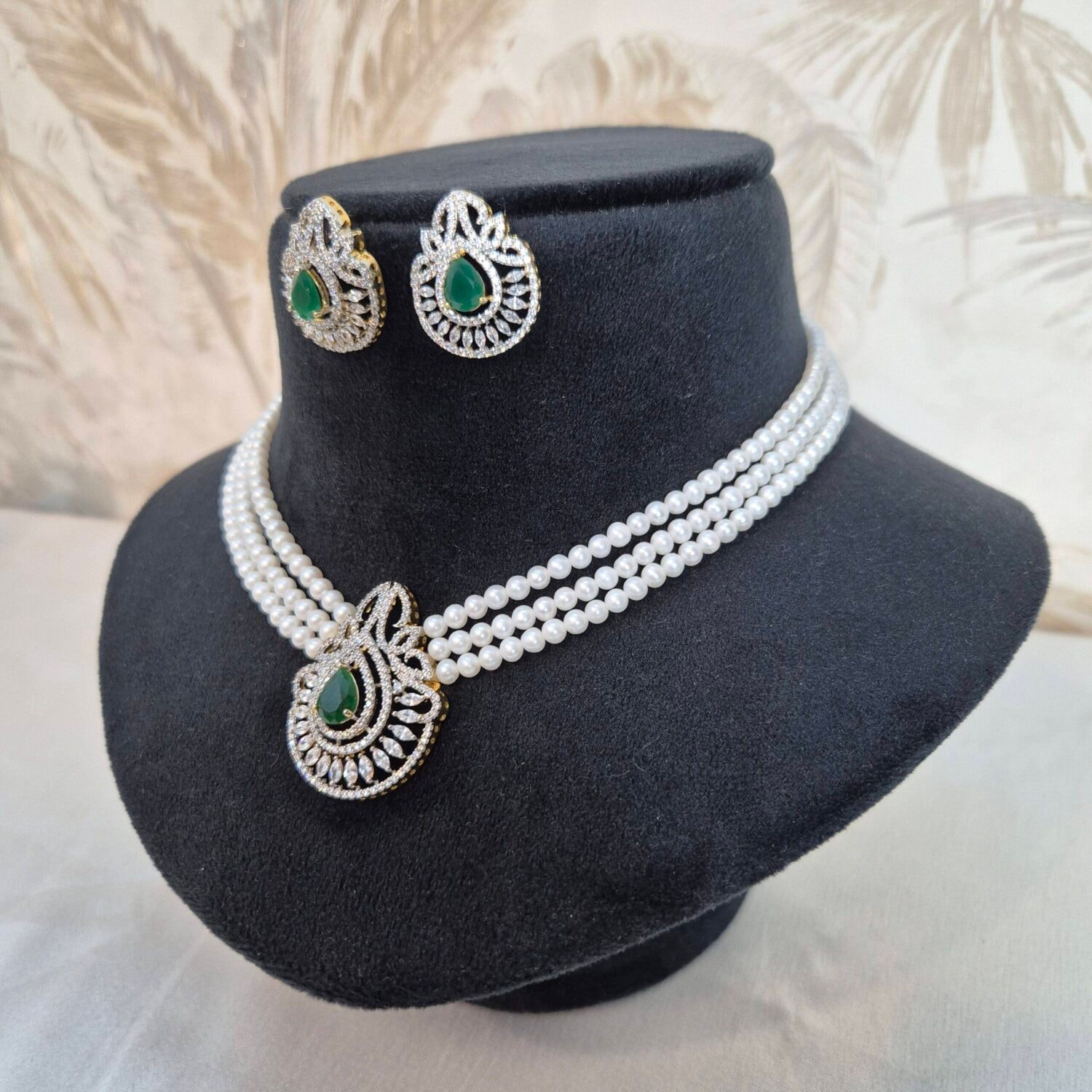 Designer 3-line White Round Pearls Necklace With CZ & SP Emerald Pendant - Image 2