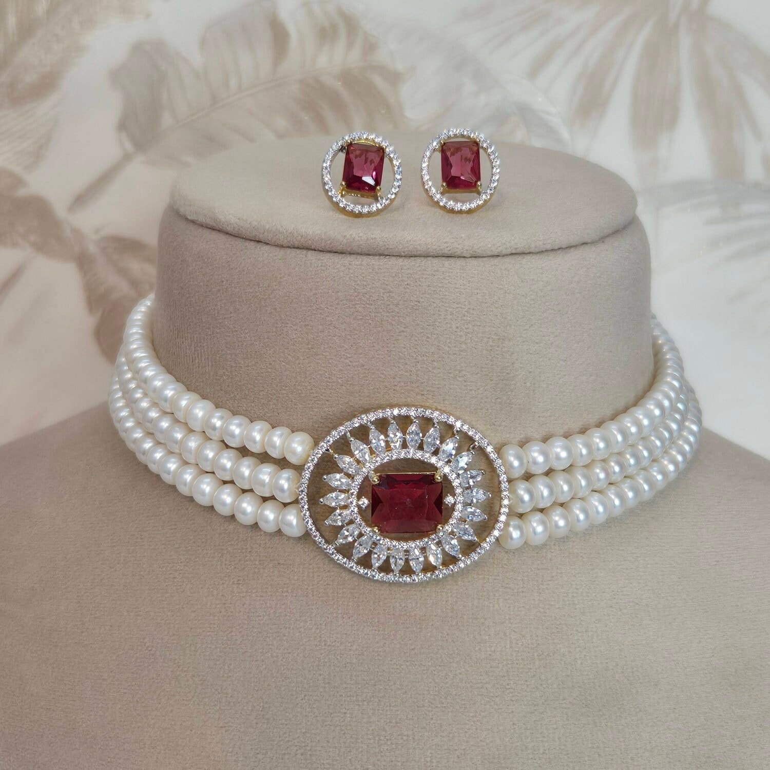 Radiant 6mm 3Line White Semi-Round Pearls Choker With CZ & SP Ruby Pendant - Image 3