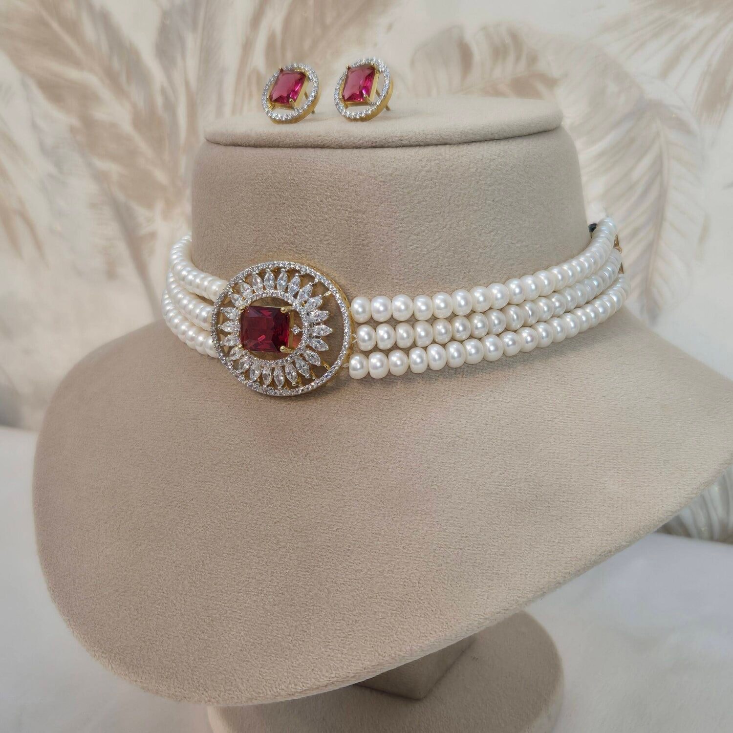 Radiant 6mm 3Line White Semi-Round Pearls Choker With CZ & SP Ruby Pendant - Image 2