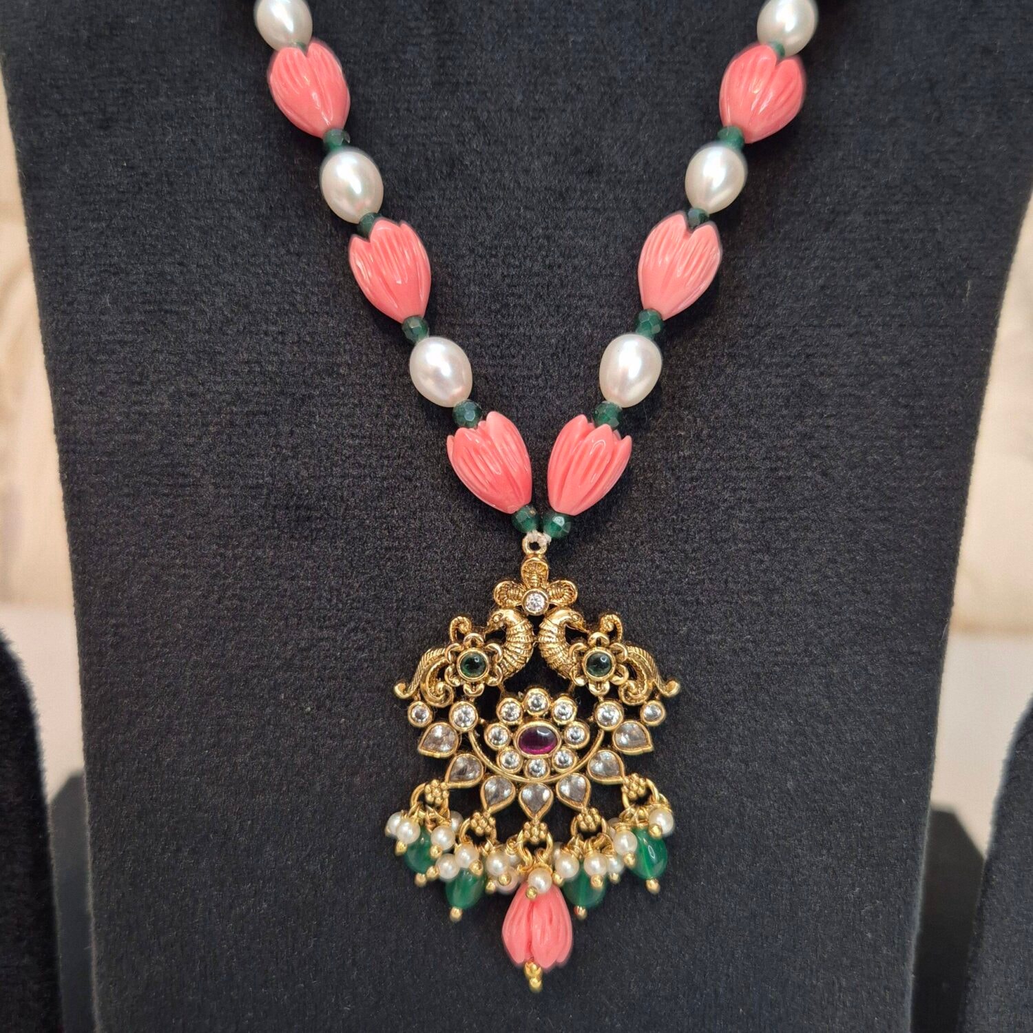 Elegant White Pearls Necklace With Tulip Corals & Traditional Pendant - Image 2