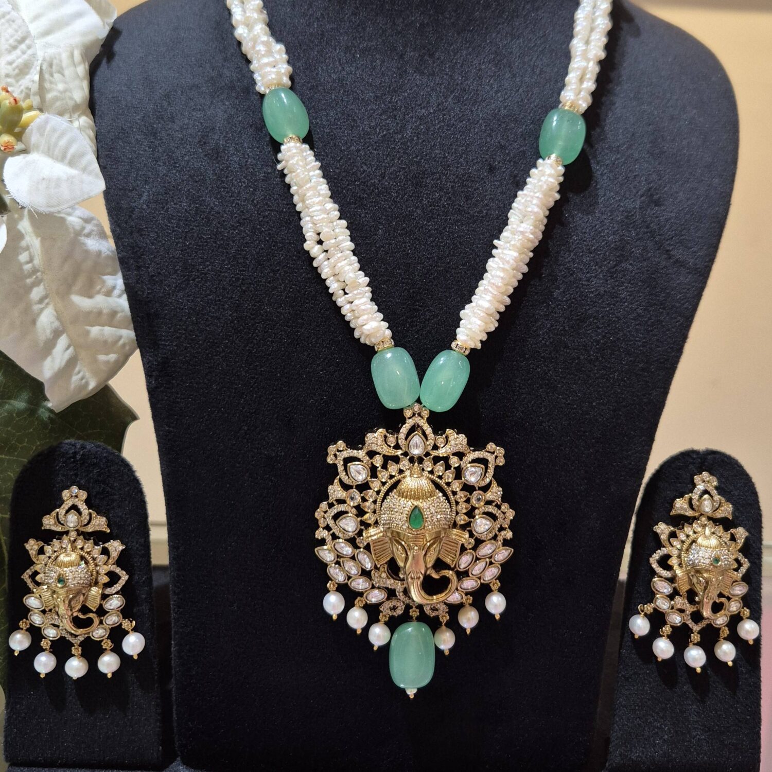 Divine 3-Line White Baroque Pearl Necklace With Ganesha Polki Pendant - Image 2