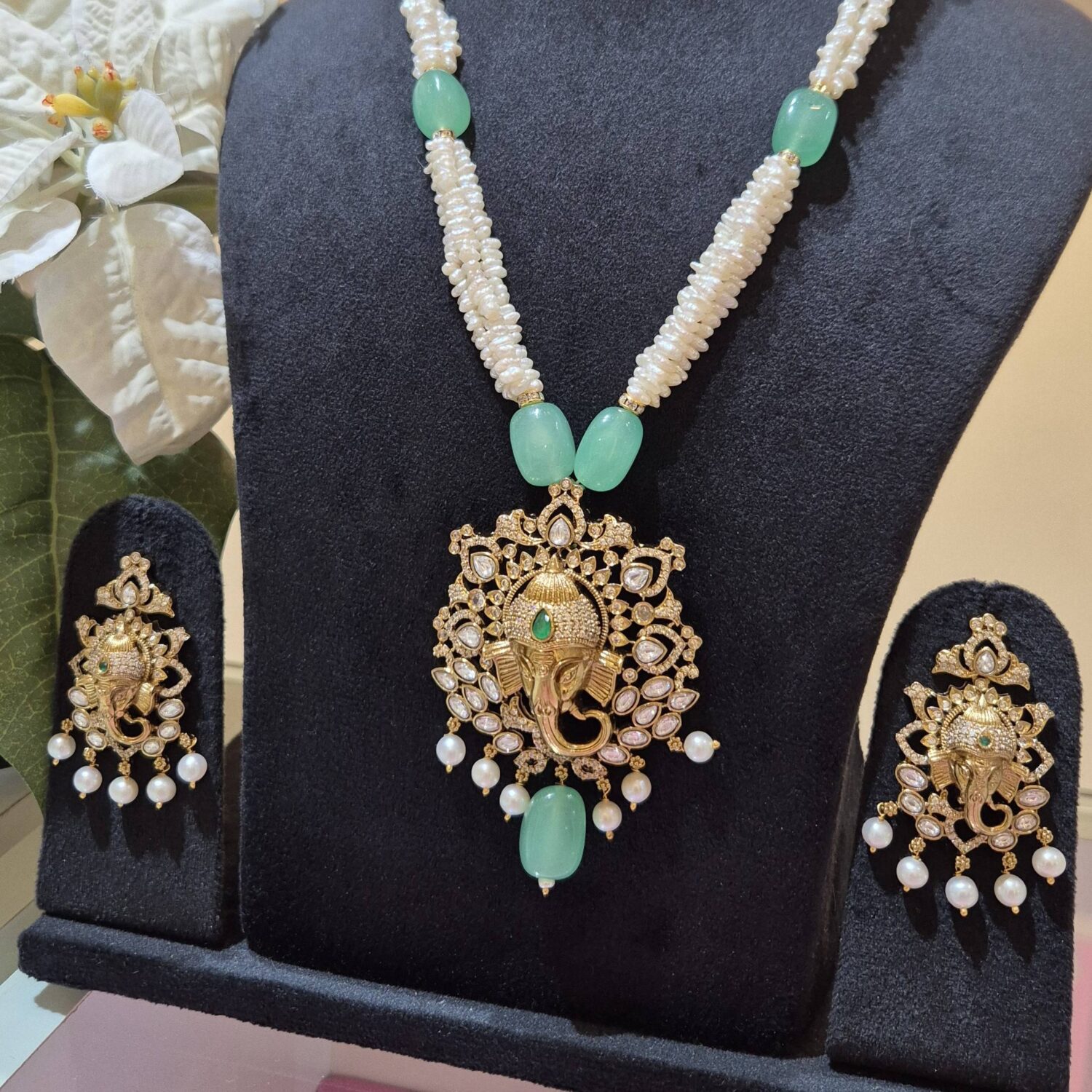 Divine 3-Line White Baroque Pearl Necklace With Ganesha Polki Pendant - Image 3