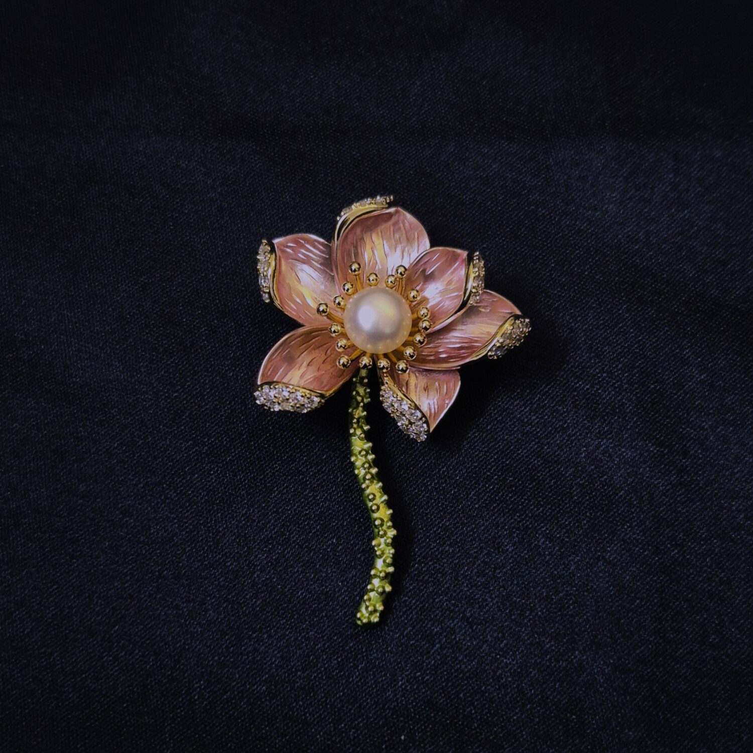 Beautiful White Button Pearl Brooch With Enameled Flower & CZ