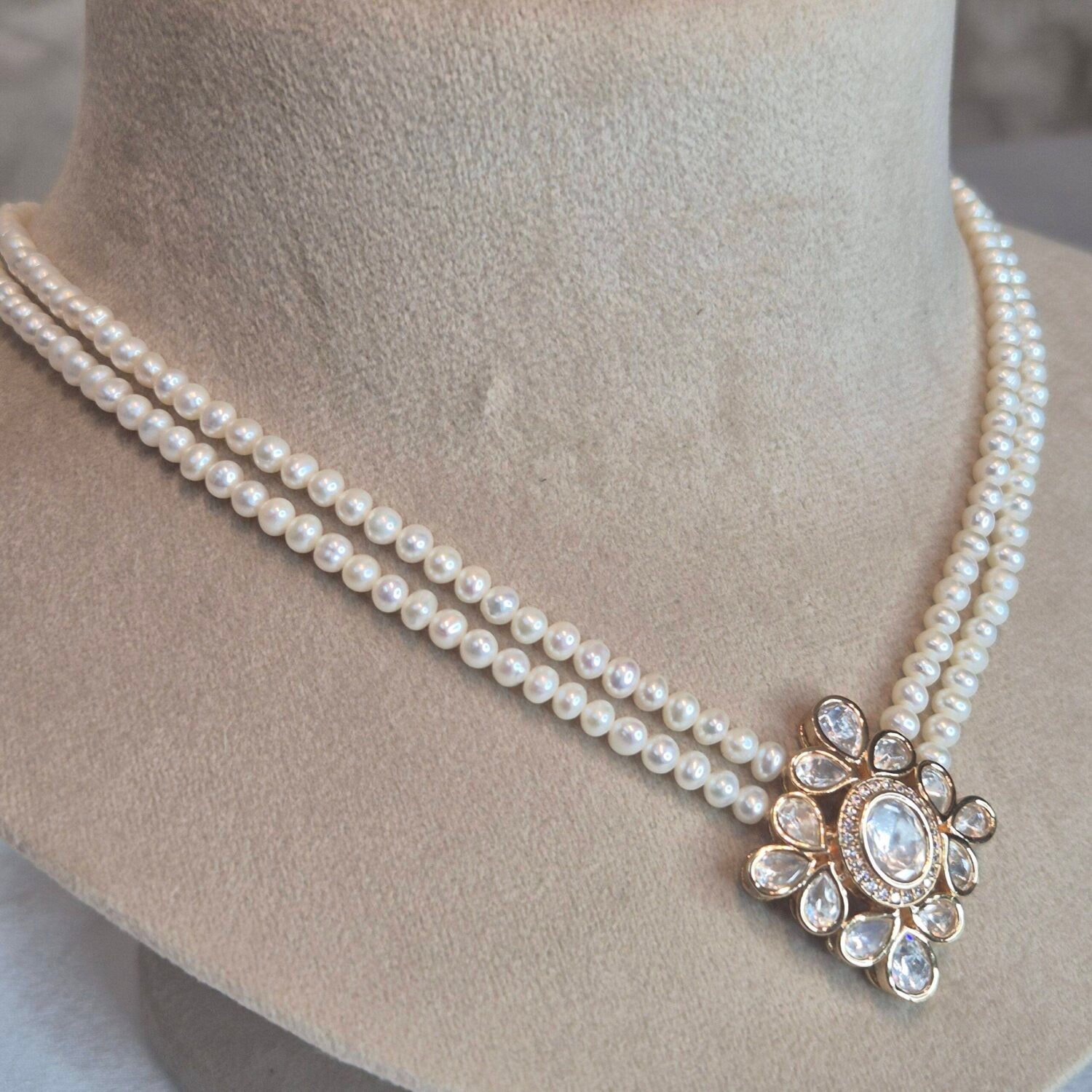 Pretty 16 Inch Long 2Line White Round Pearls Necklace With Kundan Pendant - Image 2