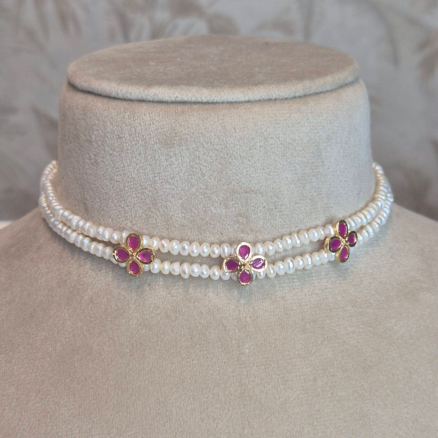 Pretty 2Line White Baroque Pearls Choker With SP Ruby Pendants - Image 2