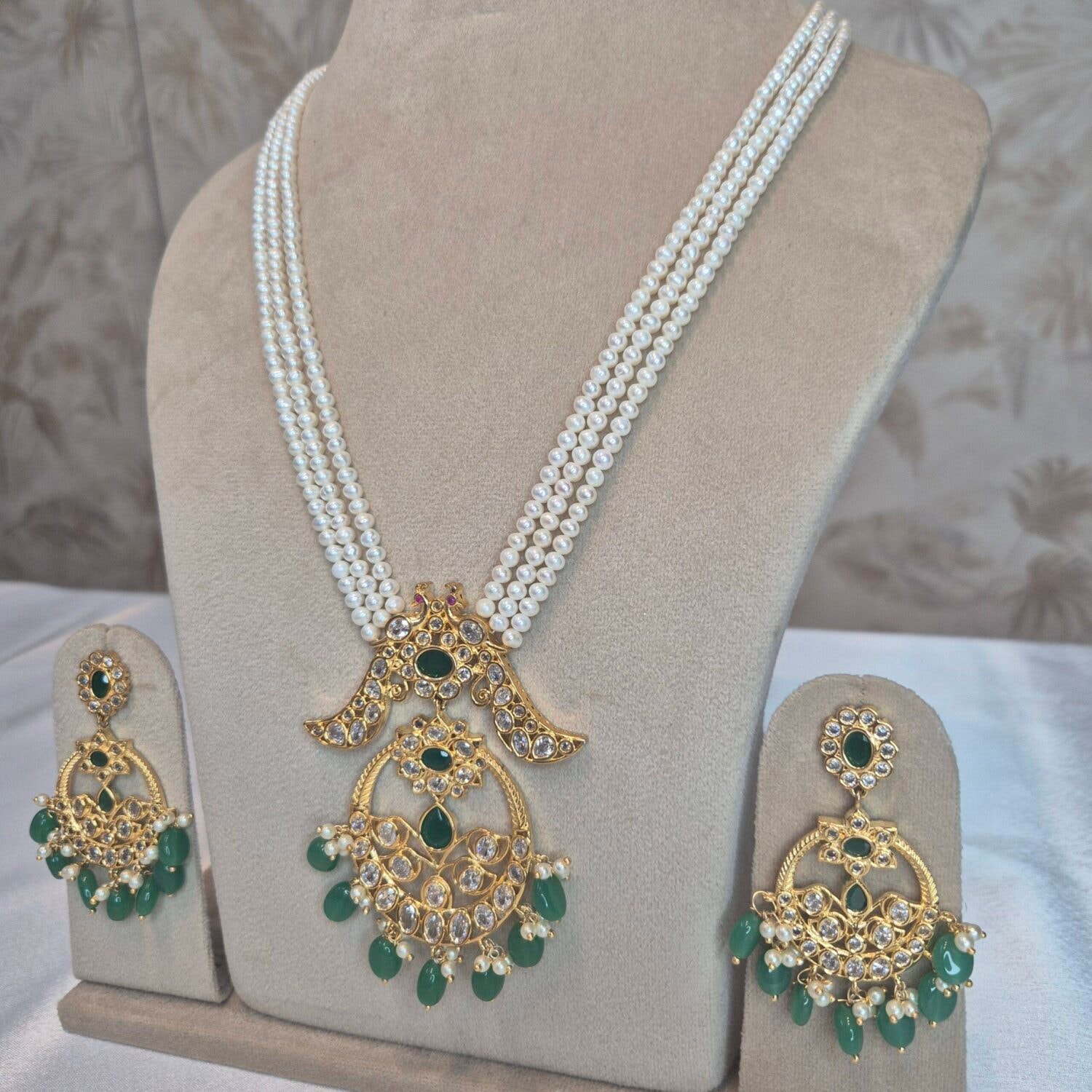 Timeless 20Inch Long 3Line White Pearls Necklace With Polki Peacock Pendant - Image 2