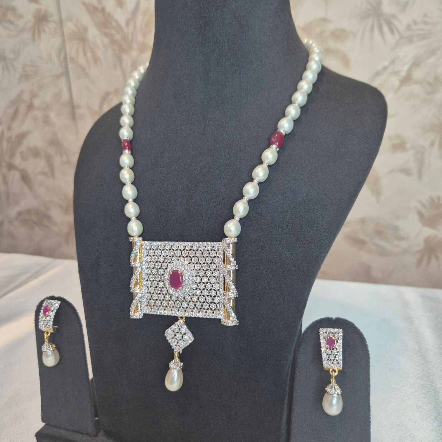 Royal White 8.5mm Oval Pearls 19Inch Long Necklace With Traditional CZ Pendant - Image 2