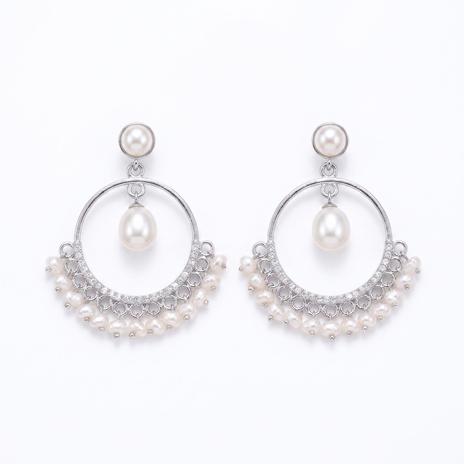 Elegant Pearl Chandbali Earrings With Fringed Pearl Drops