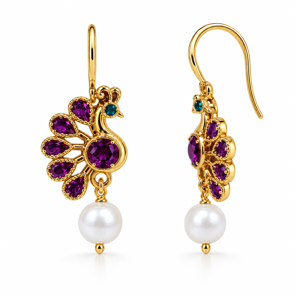 Mayura Peacock Pearl Drop Earrings - Image 2