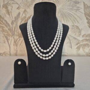 Beautiful 3 Line Pearl Necklace In 6-7mm Long White Oval Pearls