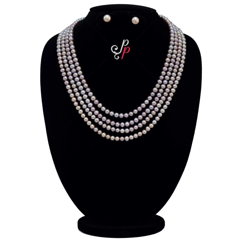 Gorgeous 4 Lines Pearl Necklace Set In 6mm Round Dark Pink Pearls