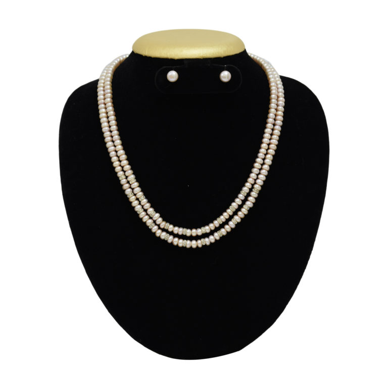 2 Lines Pearl Necklace Set In Half Round Dark Pink Pearls