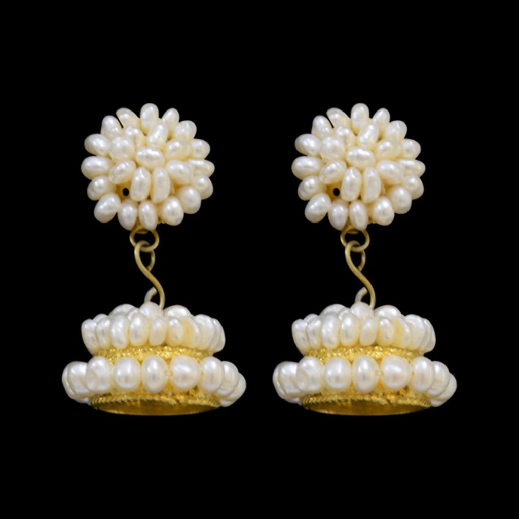 Triple decked seed pearl jhumkas