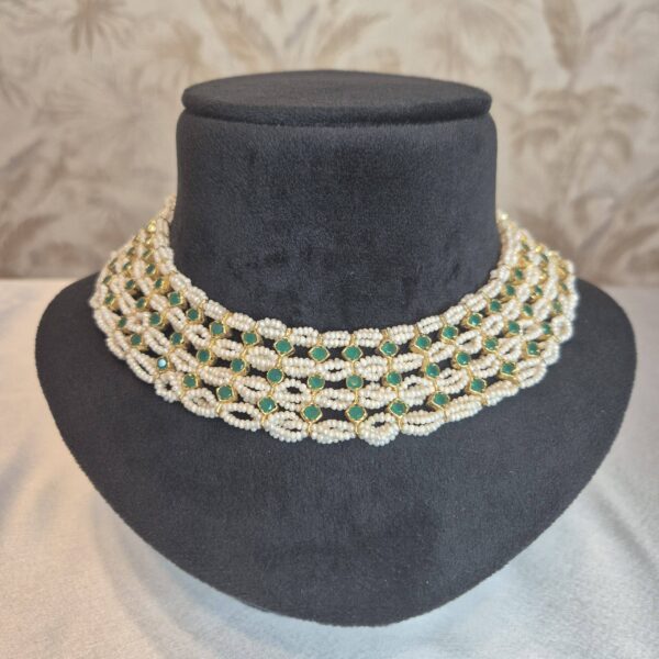 Broad Pearl Choker in Tiniest White Seed Pearls and SP Emeralds