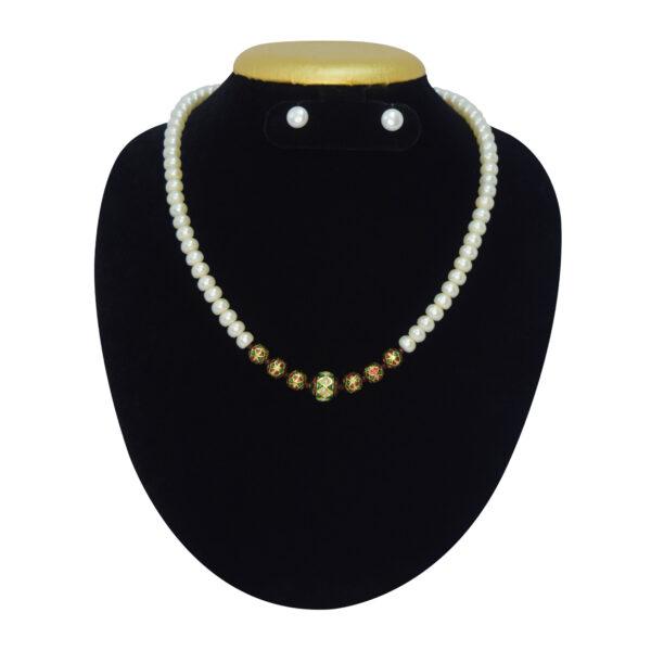 Well crafted semi-round white pearl necklace with red & green enamel finish meenakari beads