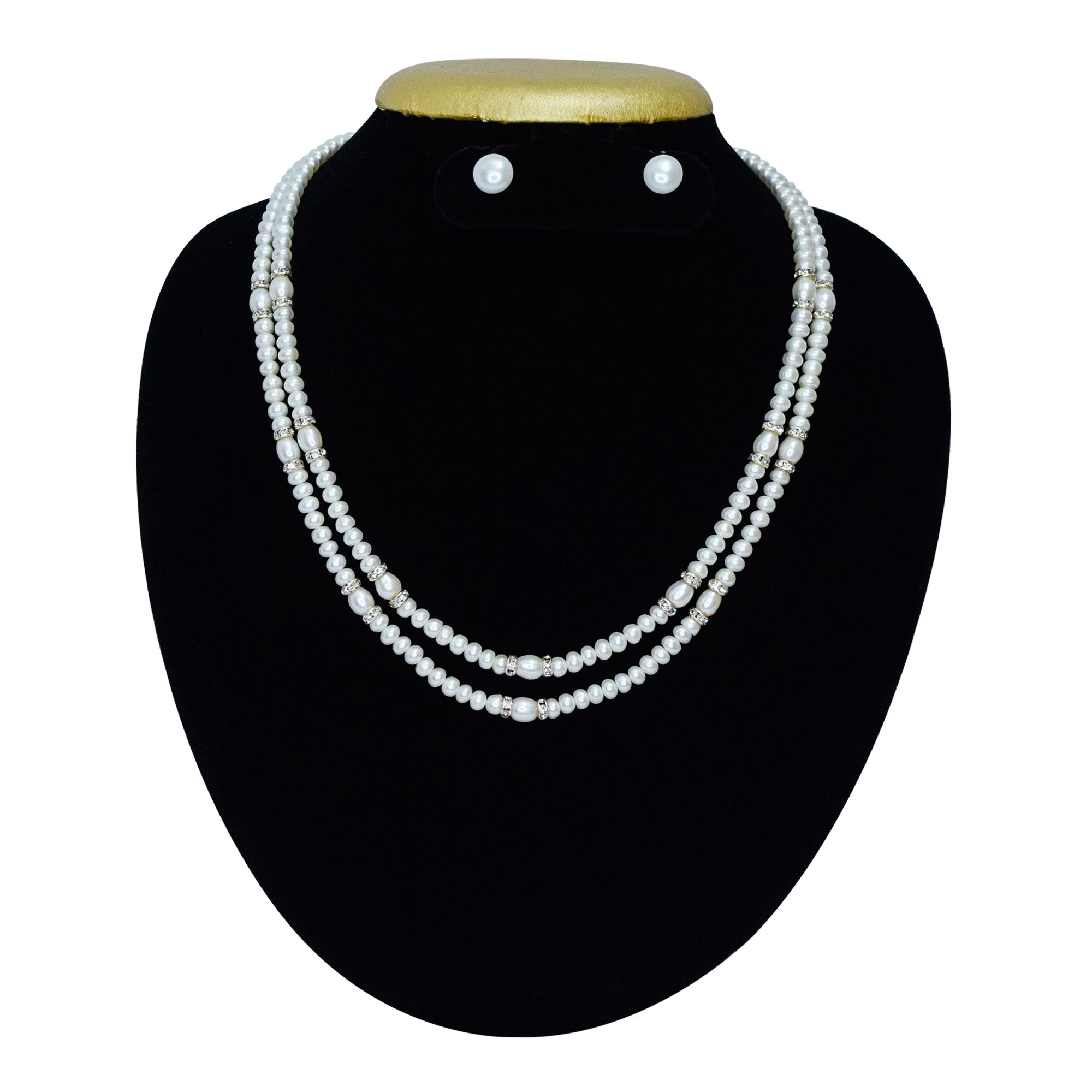 Elegant Dual Row White Pearl Necklace With Silver Zircon Roundels Pure Pearls