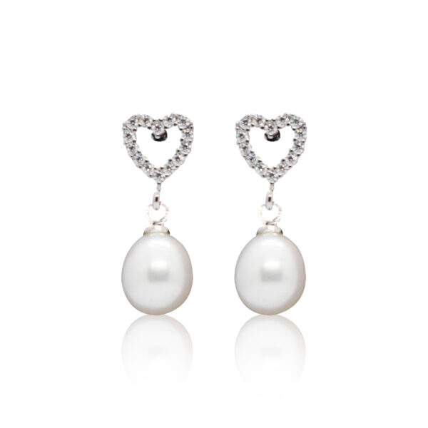 Cute Heart Shaped CZ Studs With White Oval Pearl Drops