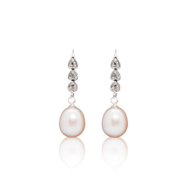 Pretty Hook Earrings Featuring Peach Oval Pearls & CZ