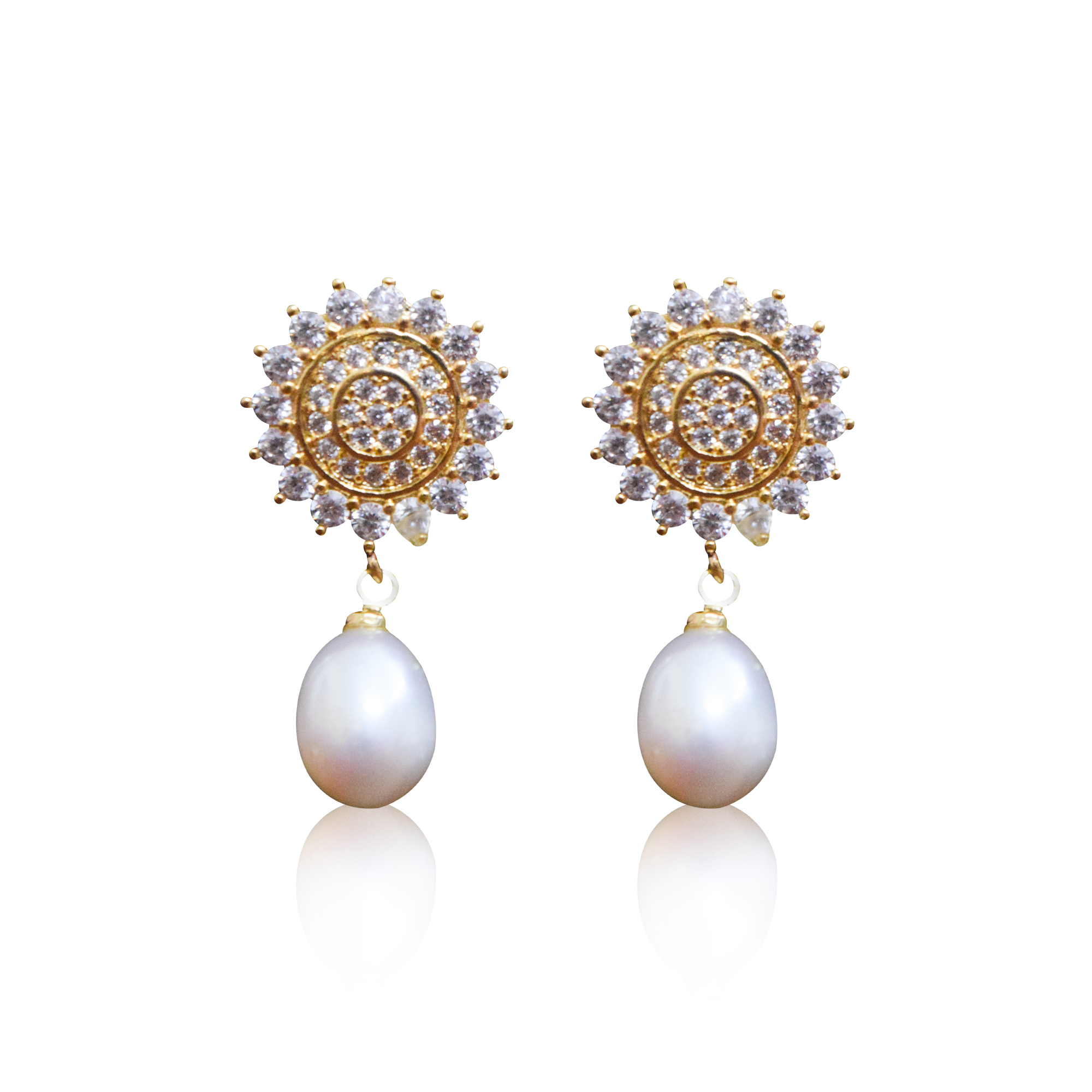 Sparkling Floral CZ Studs With White Oval Pearl Drops - Pure Pearls