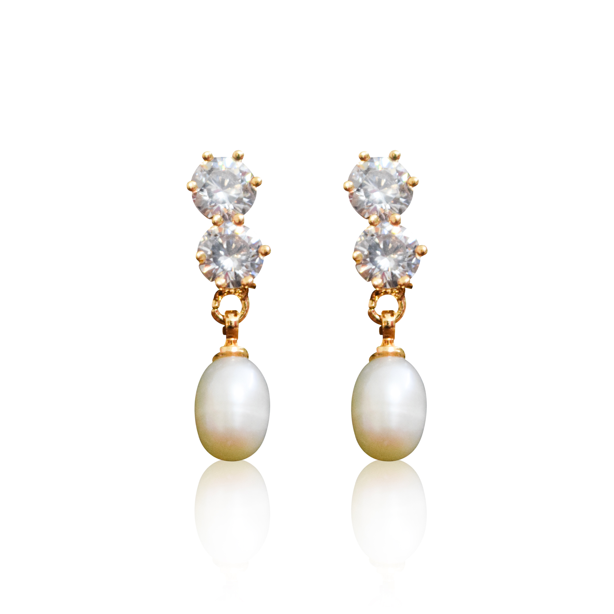 Luminous White Oval Pearl Drops With Sparkling AD Studs - Pure Pearls