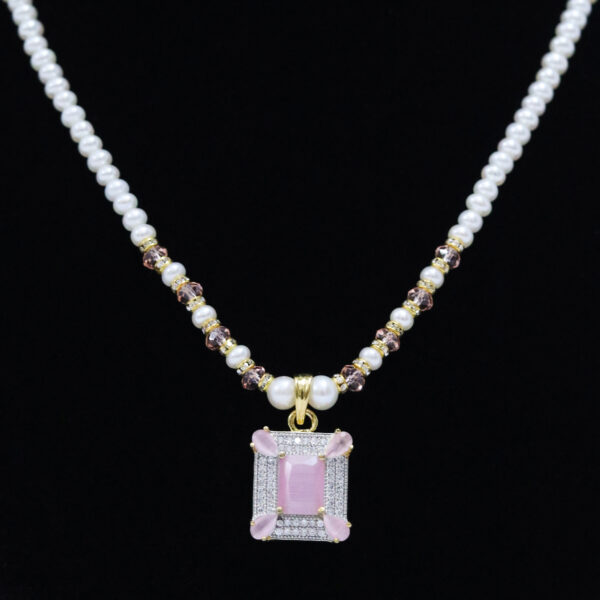 Delicate White Pearls with Trendy Pink Quartz & CZ Pendant - close up