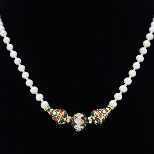 Graceful Semi-Round Pearl Necklace With Meenakari Beads -close up