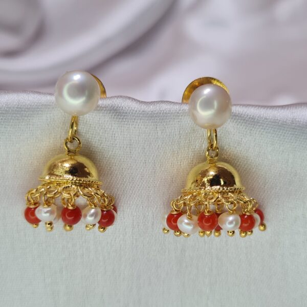 Cute Taar Jhumkas Featuring White Seed Pearls & Corals