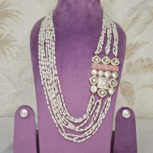 Artistic Multi-Row Thin Baroque Pearl Necklace Set With Fusion Side Pendant