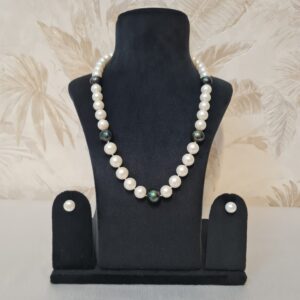 Rare Double Knotted 20Inch Necklace With White & Bottle Green Round Pearls