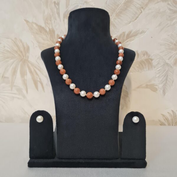 Striking Double Knotted 18 Inch Long Necklace With White Round Pearls & Sandstone Beads