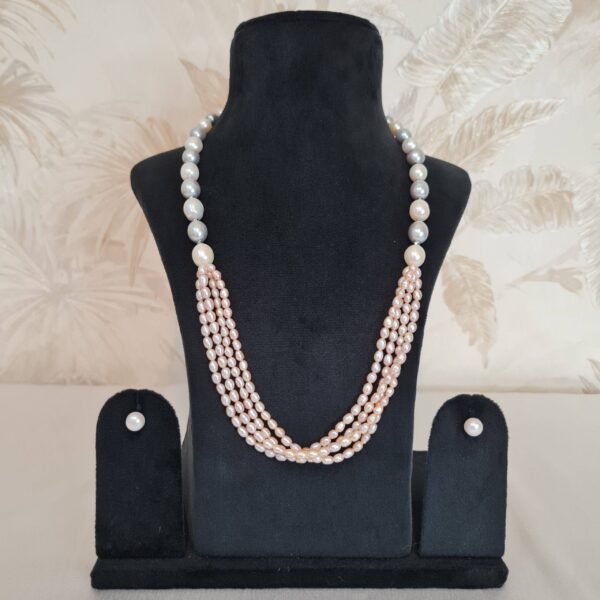 Unique White & Grey Pearl 22Inch Necklace With 3Line Pink Oval Pearls