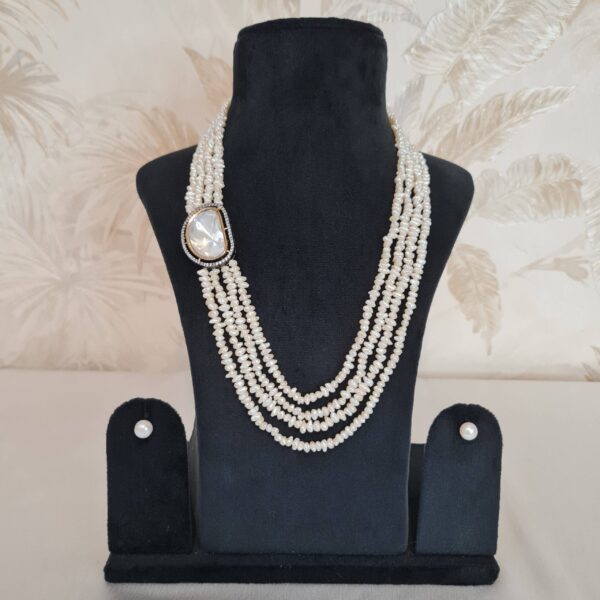 Sensational Multi-Row White Baroque Pearl Necklace With Oxidised Polki Pendant