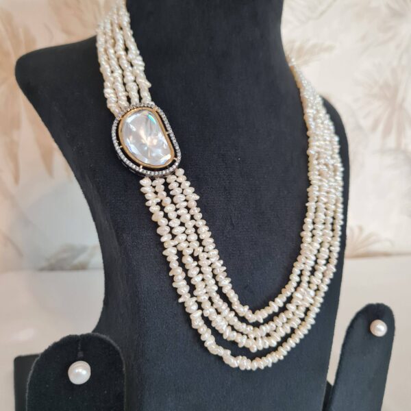 Sensational Multi-Row White Baroque Pearl Necklace With Oxidised Polki Pendant-1