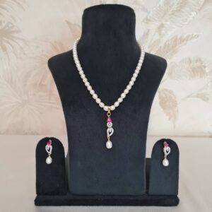 Radiant White Oval Pearl 17Inch Necklace With A lovely SP Ruby & CZ Pendant