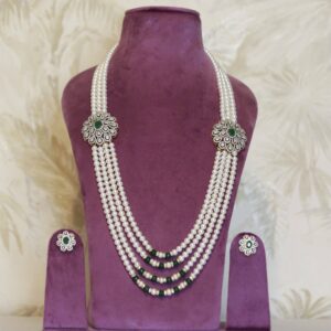 Resplendant White Round Pearls Haar With CZ & SP Emerald Side Pendants-1