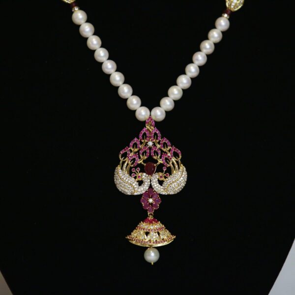 Striking White Round Pearl Necklace With A Lovely SP Ruby Peacock Pendant-1