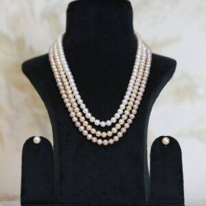 Gorgeous Three Line Pearl Necklace With White Peach & Pink Round Pearls