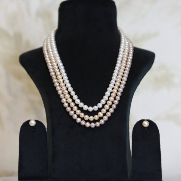 Gorgeous Three Line Pearl Necklace With White Peach & Pink Round Pearls