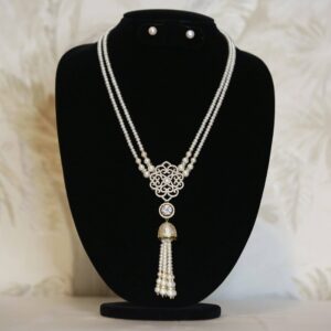 Lovely 2-line White Pearl Necklace With Zircon Pendant & Pearl Tassels