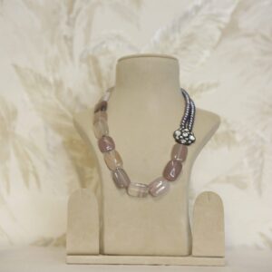 Striking Blue Pearl Necklace With Oxidized Polki Pendant & Grey Onyx